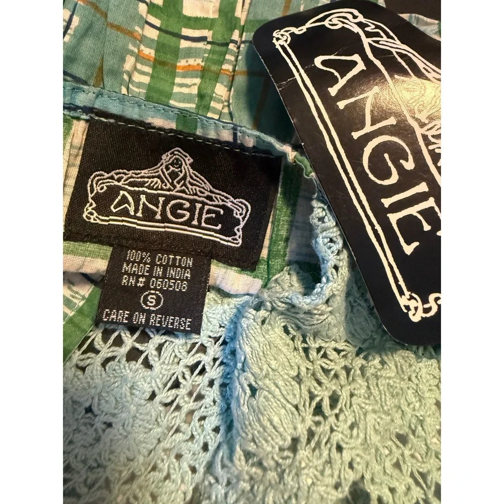 Angie Green Floral Crochet cottage  boho y2k‎ whimsi Cotton Dress Small NWT blue